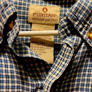 Blue and white checkered button shirt